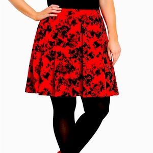 Velvet Floral Print Pleated Skater Skirt